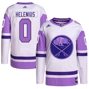 Konsta Helenius Men's Adidas Buffalo Sabres Authentic White/Purple Hockey Fights Cancer Primegreen Jersey