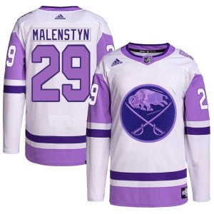 Beck Malenstyn Men's Adidas Buffalo Sabres Authentic White/Purple Hockey Fights Cancer Primegreen Jersey