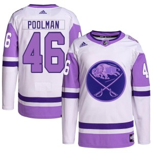 Colton Poolman Men's Adidas Buffalo Sabres Authentic White/Purple Hockey Fights Cancer Primegreen Jersey