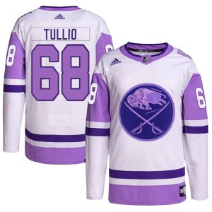 Tyler Tullio Men's Adidas Buffalo Sabres Authentic White/Purple Hockey Fights Cancer Primegreen Jersey