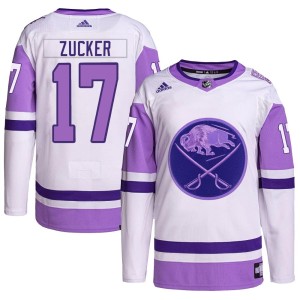 Jason Zucker Men's Adidas Buffalo Sabres Authentic White/Purple Hockey Fights Cancer Primegreen Jersey